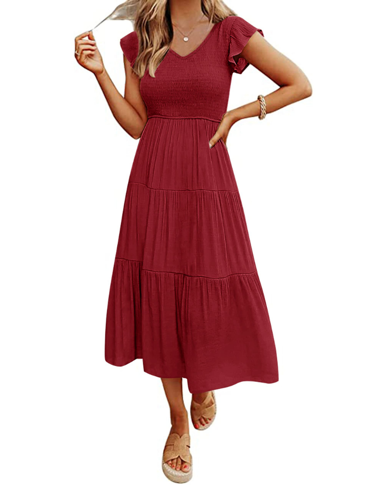 Sienna Abito Donna – Vestito Midi A-Line con Scollo a V, Maniche Flutter & Busto Smock