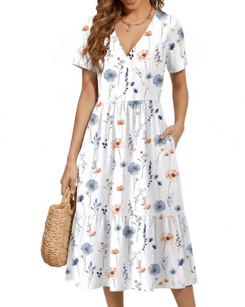 Heather Floral Women’s Midi Dress – V-Neck, High Waist, Short Sleeves, and Pockets