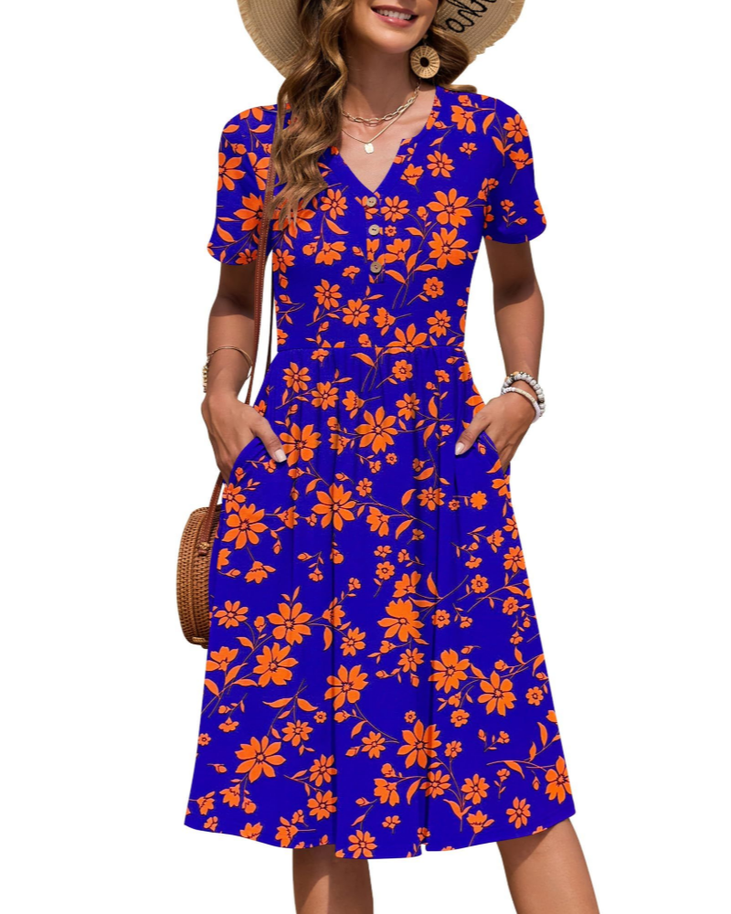 Megan Abito Midi Donna – Vestito Estivo con Scollo a V, Vita Impero e Tasche