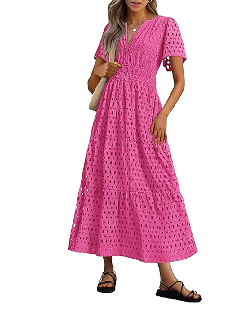 Sophia Vestito Donna Maxi – Abito Estivo in Cotone con Ricamo, Scollo V & Tasche