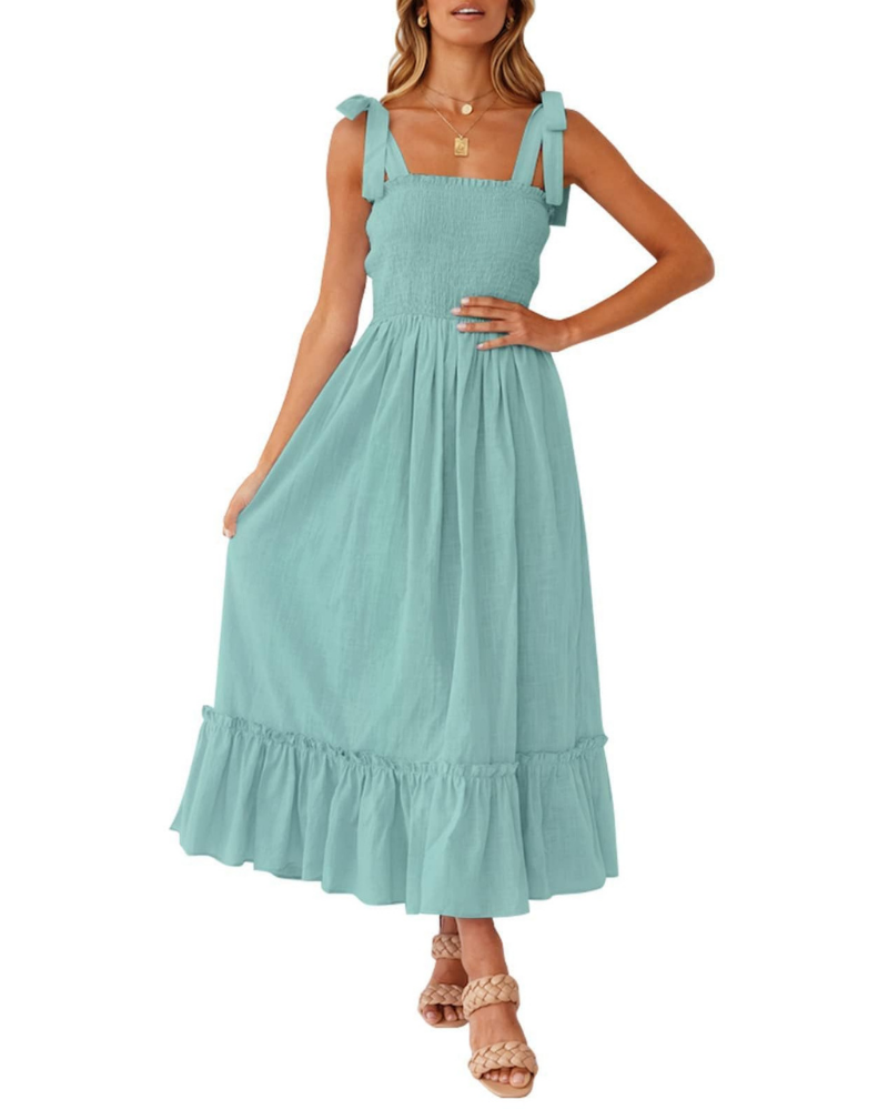 Robe Femme Amelia – Robe Bohème Florale avec Bretelles Nouées, Buste Smocké et Jupe à Volants