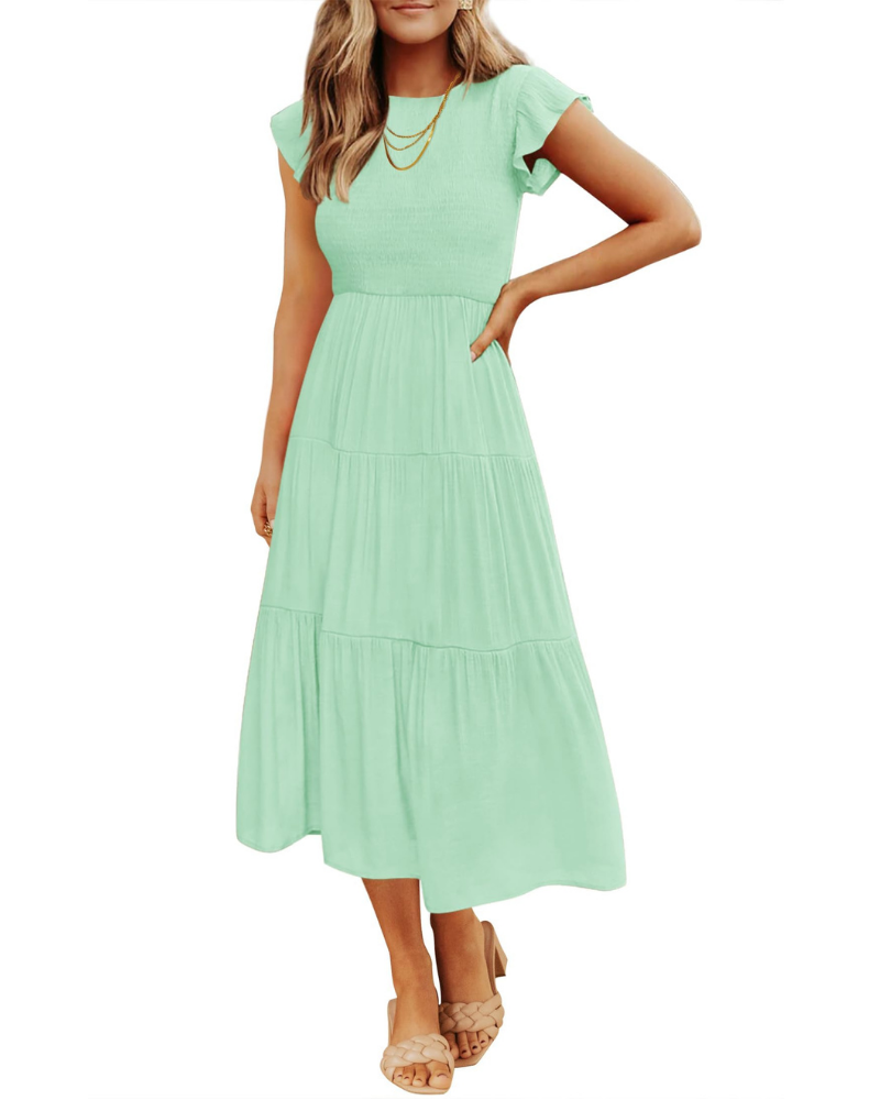 Grace Abito Mujer – Vestido Midi Cottagecore con Busto Fruncido, Mangas Volantes y Falda con Volantes