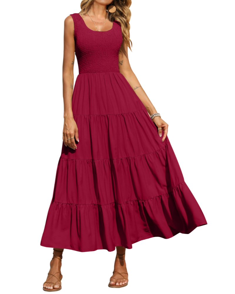Sophie Abito Donna – Vestito Maxi Smock Senza Maniche con Vita Alta & Gonna a Balze