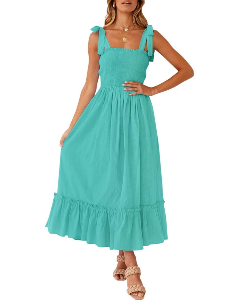 Robe Femme Amelia – Robe Bohème Florale avec Bretelles Nouées, Buste Smocké et Jupe à Volants