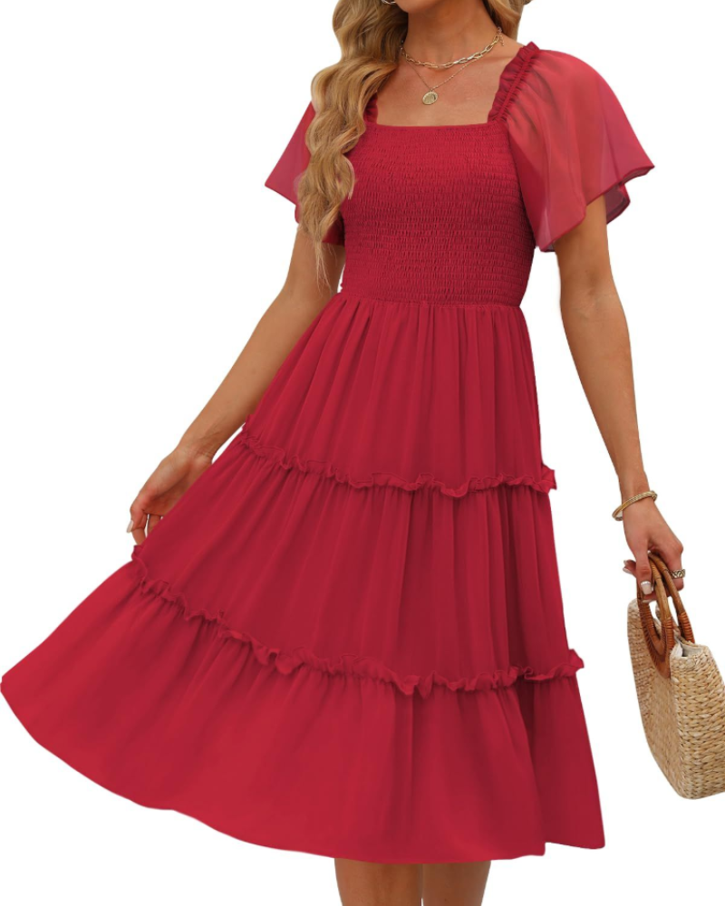 Madison Robe Femme Midi – Robe en Chiffon avec Col Carré et Volants