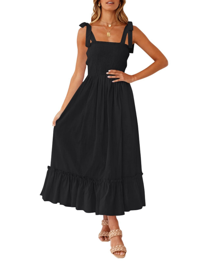 Robe Femme Amelia – Robe Bohème Florale avec Bretelles Nouées, Buste Smocké et Jupe à Volants