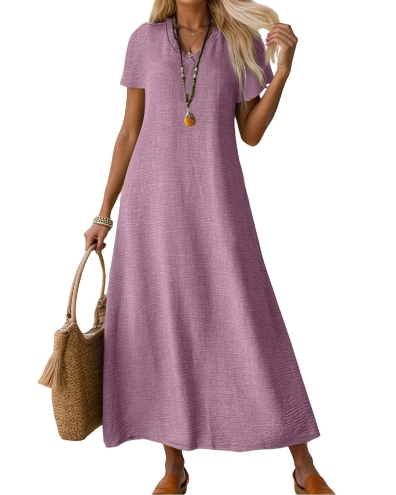Evelyn Vestito Donna Lungo – Abito in Lino con Scollo V & Vestibilità Morbida