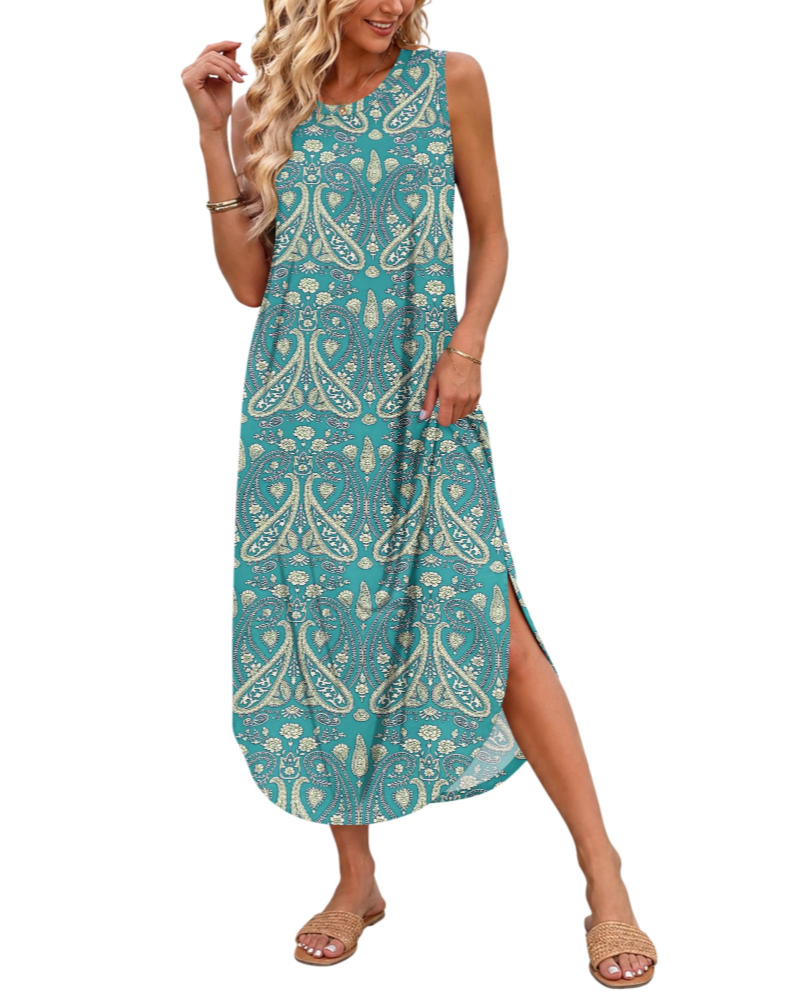 Henrietta Abito Maxi Donna Estivo – Senza Maniche, Spacco Laterale e Tasche