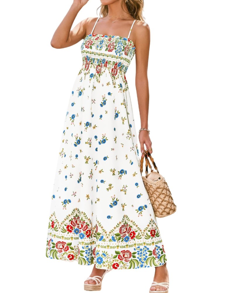 Isolde Abito Maxi Donna Floreale – Corpetto Smock, Spalline Regolabili e Volant
