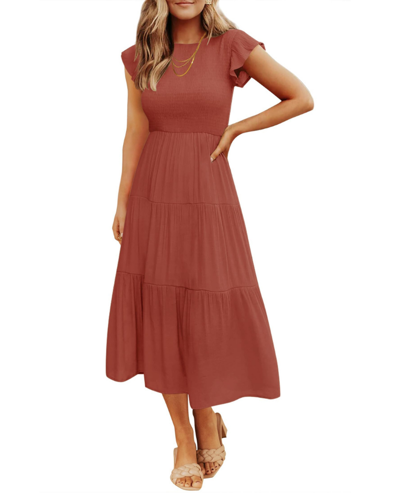 Grace Abito Mujer – Vestido Midi Cottagecore con Busto Fruncido, Mangas Volantes y Falda con Volantes