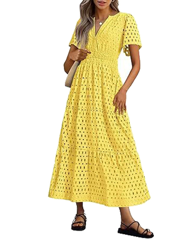 Sophia Vestito Donna Maxi – Abito Estivo in Cotone con Ricamo, Scollo V & Tasche