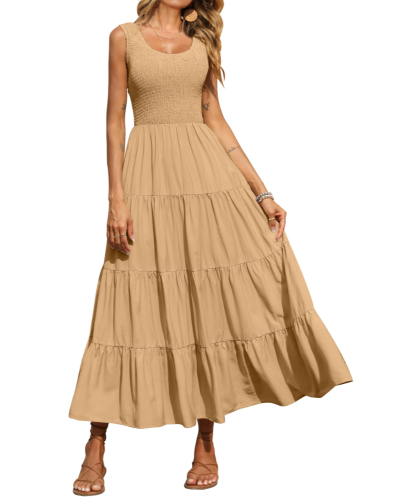 Sophie Abito Donna – Vestito Maxi Smock Senza Maniche con Vita Alta & Gonna a Balze