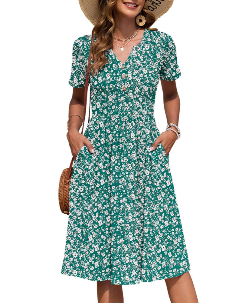 Megan Abito Midi Donna – Vestito Estivo con Scollo a V, Vita Impero e Tasche