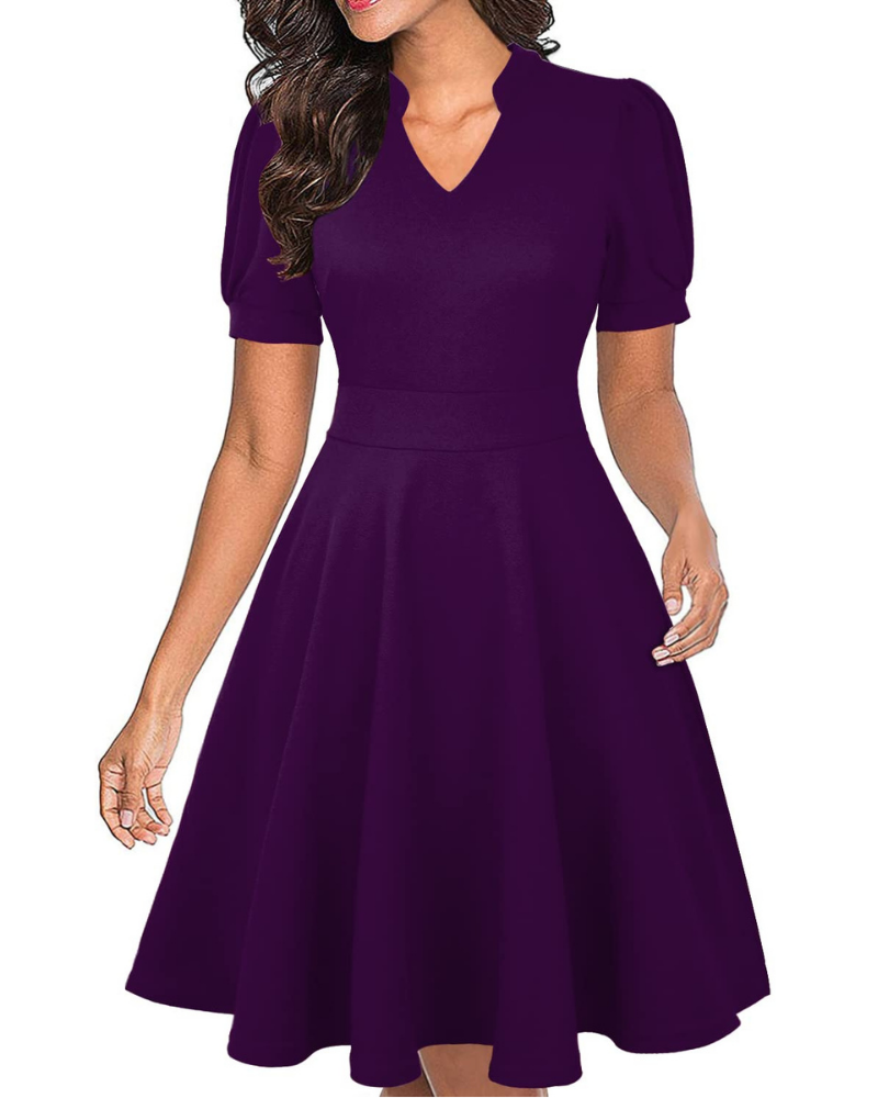 Bella Vestido Mujer – Vestido de Negocios Línea A con Escote en V, Mangas Abullonadas y Bolsillos