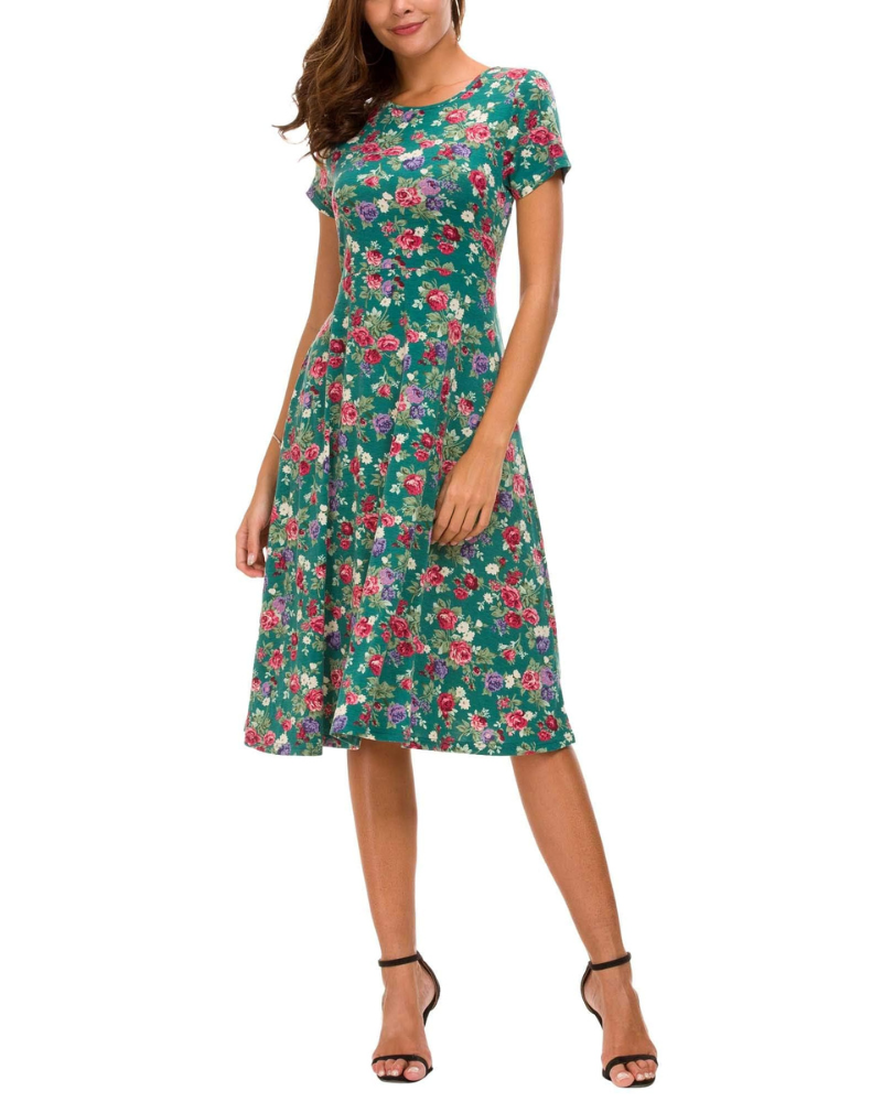 Hannah Abito Donna – Vestito Floreale al Ginocchio con Girocollo, Maniche Corte & Gonna Flare