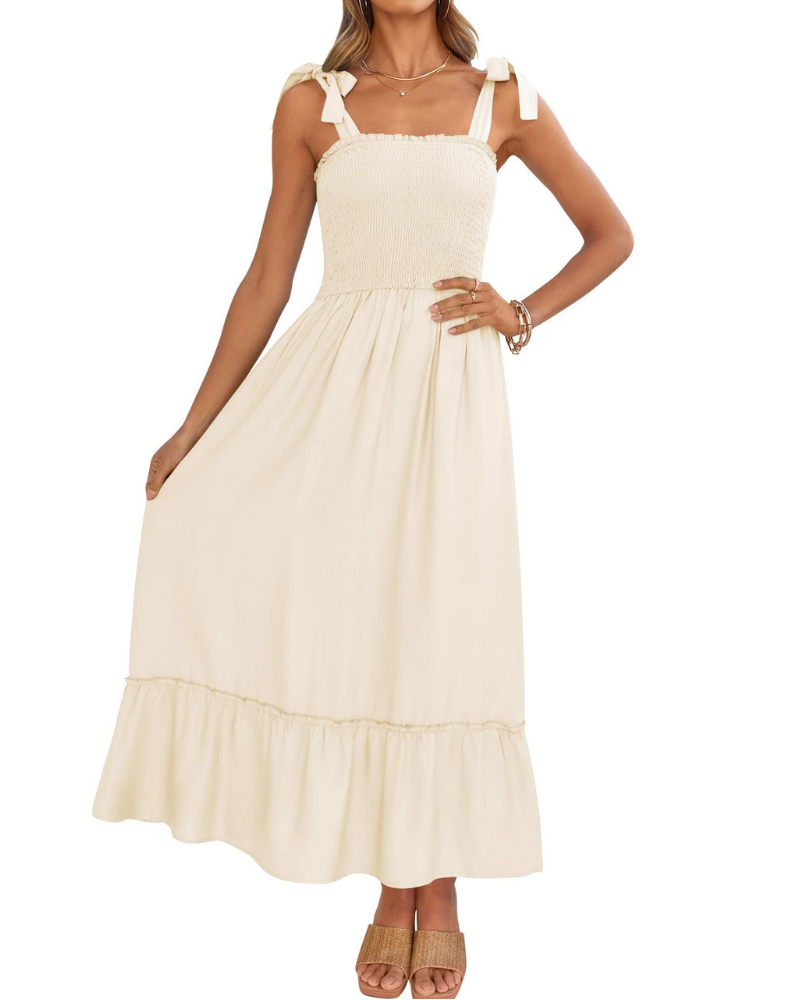 Robe Femme Amelia – Robe Bohème Florale avec Bretelles Nouées, Buste Smocké et Jupe à Volants
