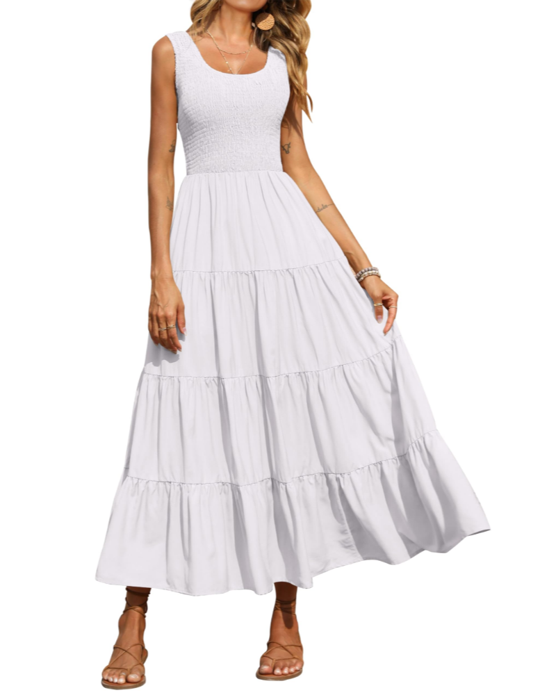 Sophie Abito Donna – Vestito Maxi Smock Senza Maniche con Vita Alta & Gonna a Balze