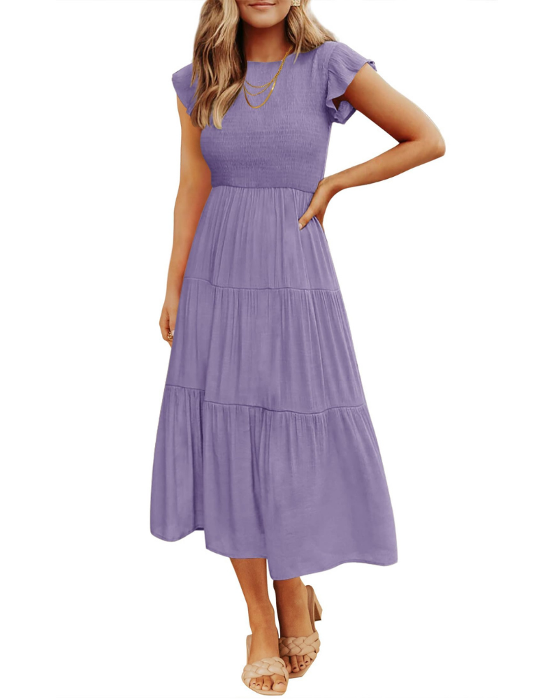 Grace Abito Mujer – Vestido Midi Cottagecore con Busto Fruncido, Mangas Volantes y Falda con Volantes