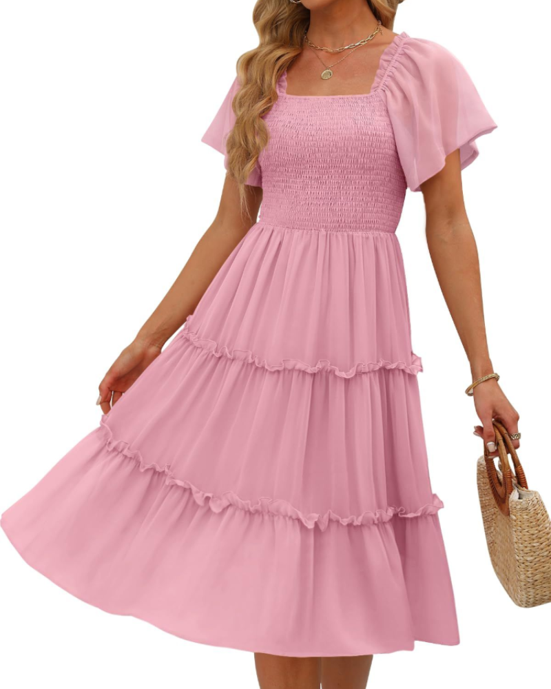 Madison Robe Femme Midi – Robe en Chiffon avec Col Carré et Volants