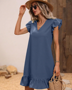 Chloé Robe d’été pour femme – robe courte à col en V, manches à volants et ourlet volanté