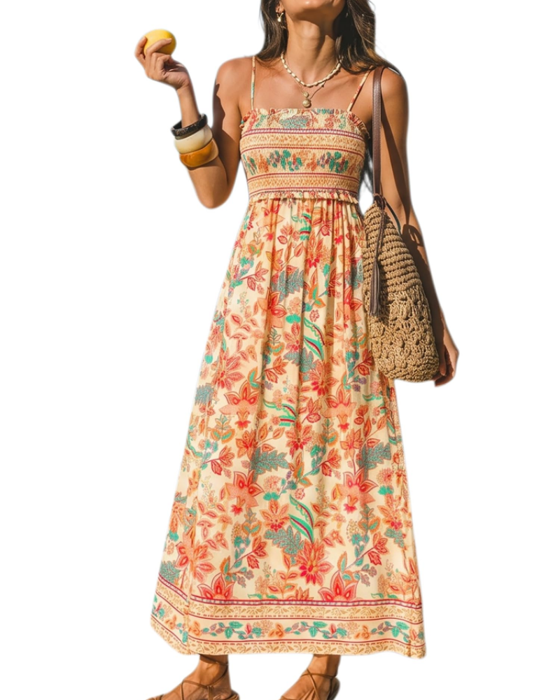 Isolde Abito Maxi Donna Floreale – Corpetto Smock, Spalline Regolabili e Volant