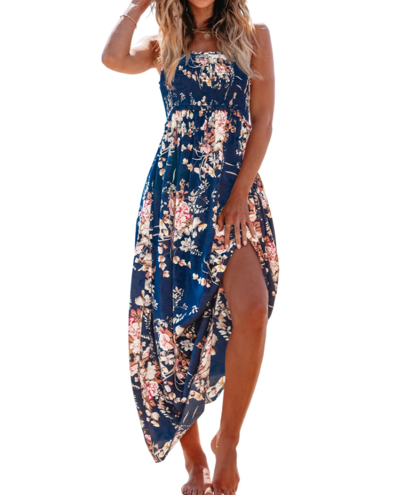Isolde Abito Maxi Donna Floreale – Corpetto Smock, Spalline Regolabili e Volant
