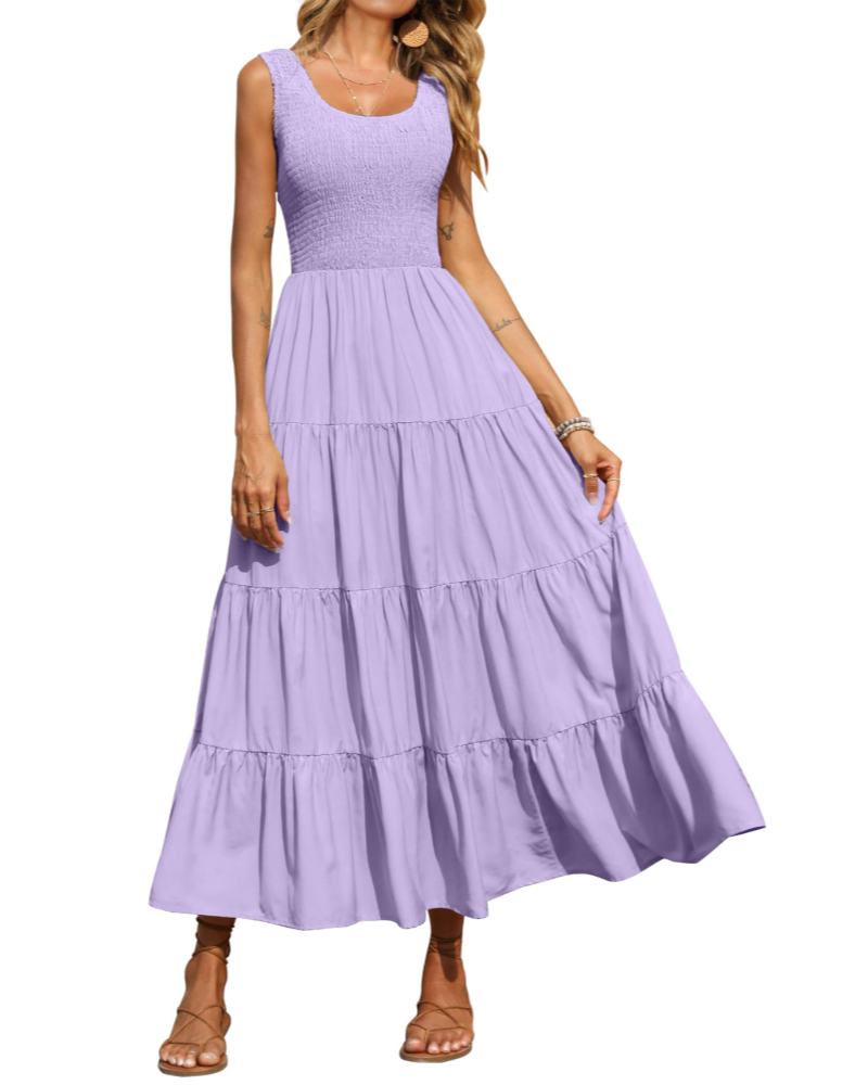 Sophie Abito Donna – Vestito Maxi Smock Senza Maniche con Vita Alta & Gonna a Balze