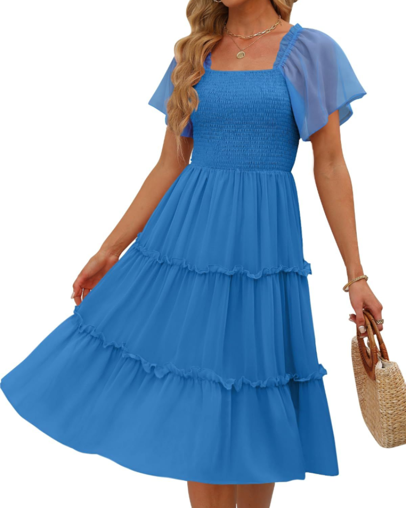 Madison Robe Femme Midi – Robe en Chiffon avec Col Carré et Volants