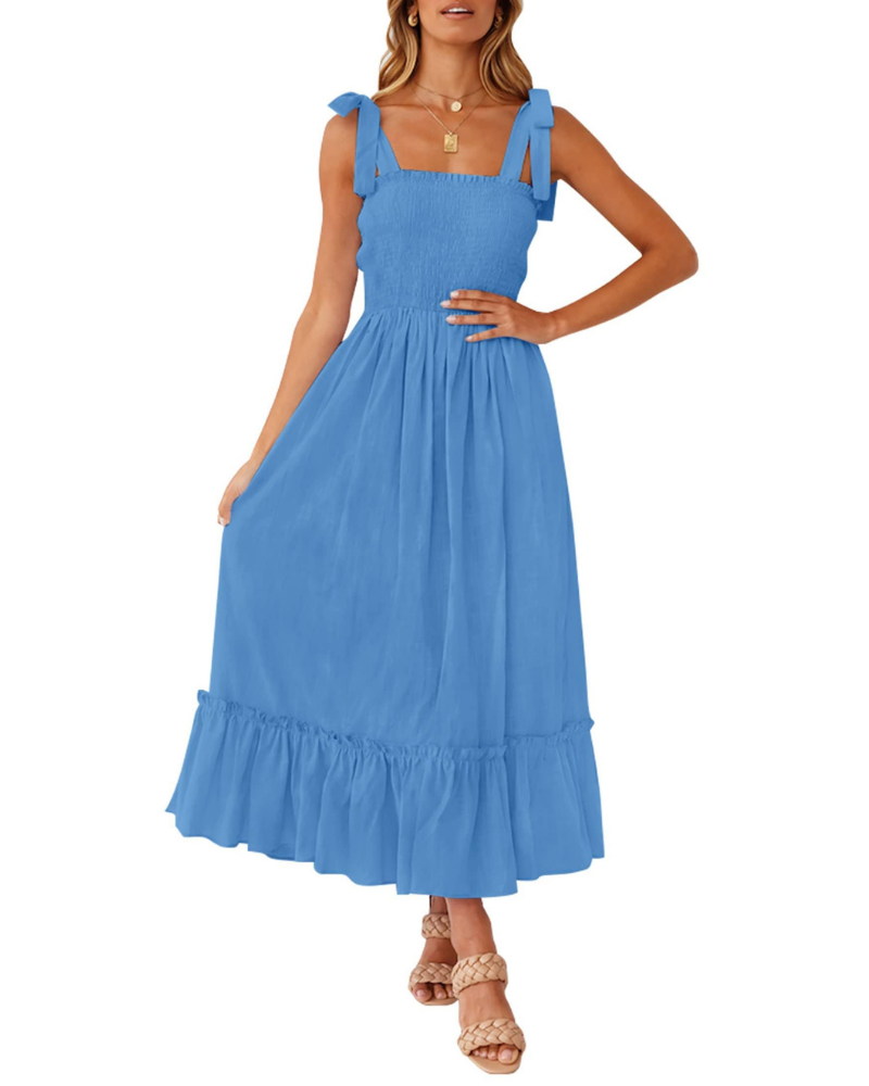 Robe Femme Amelia – Robe Bohème Florale avec Bretelles Nouées, Buste Smocké et Jupe à Volants