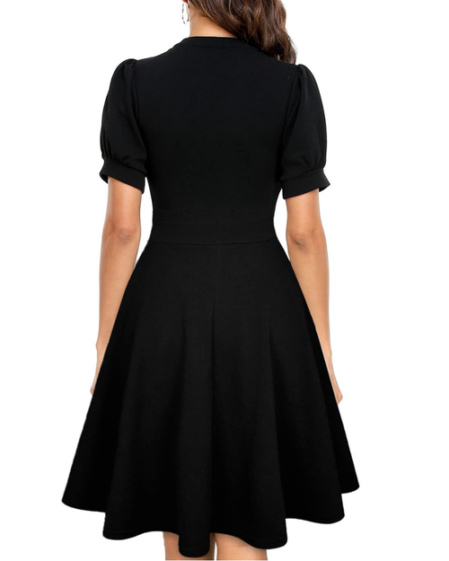 Bella Vestido Mujer – Vestido de Negocios Línea A con Escote en V, Mangas Abullonadas y Bolsillos