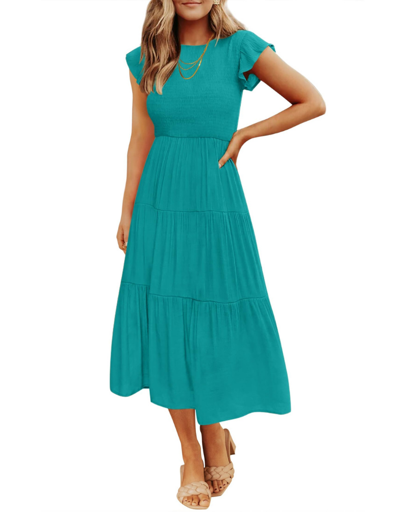 Grace Abito Mujer – Vestido Midi Cottagecore con Busto Fruncido, Mangas Volantes y Falda con Volantes
