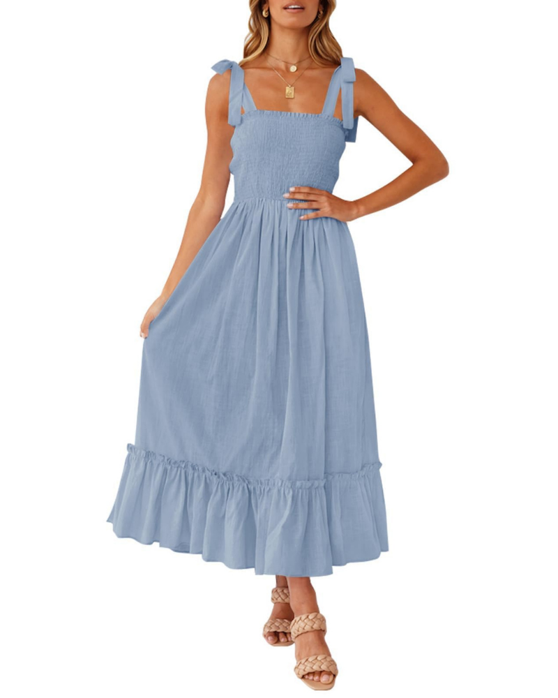 Robe Femme Amelia – Robe Bohème Florale avec Bretelles Nouées, Buste Smocké et Jupe à Volants