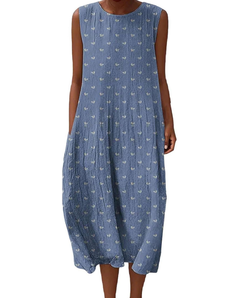 Camille lang kjole for kvinner – lin, blomstermønster, lommer og boho-chic stil
