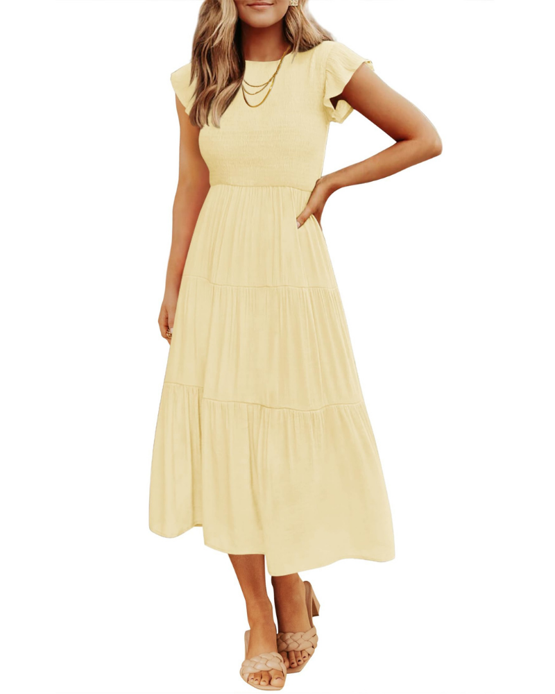 Grace Abito Mujer – Vestido Midi Cottagecore con Busto Fruncido, Mangas Volantes y Falda con Volantes