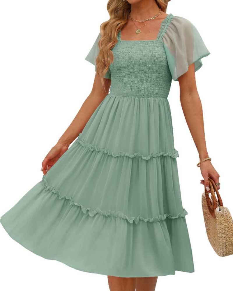 Madison Robe Femme Midi – Robe en Chiffon avec Col Carré et Volants