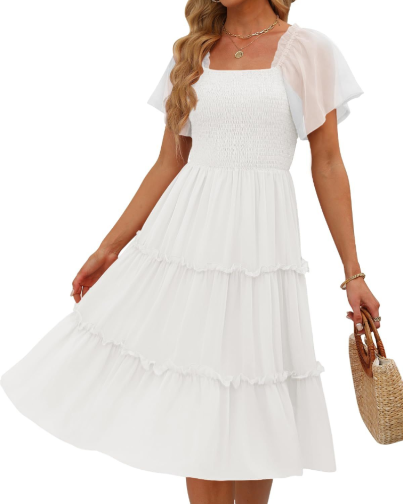 Madison Robe Femme Midi – Robe en Chiffon avec Col Carré et Volants