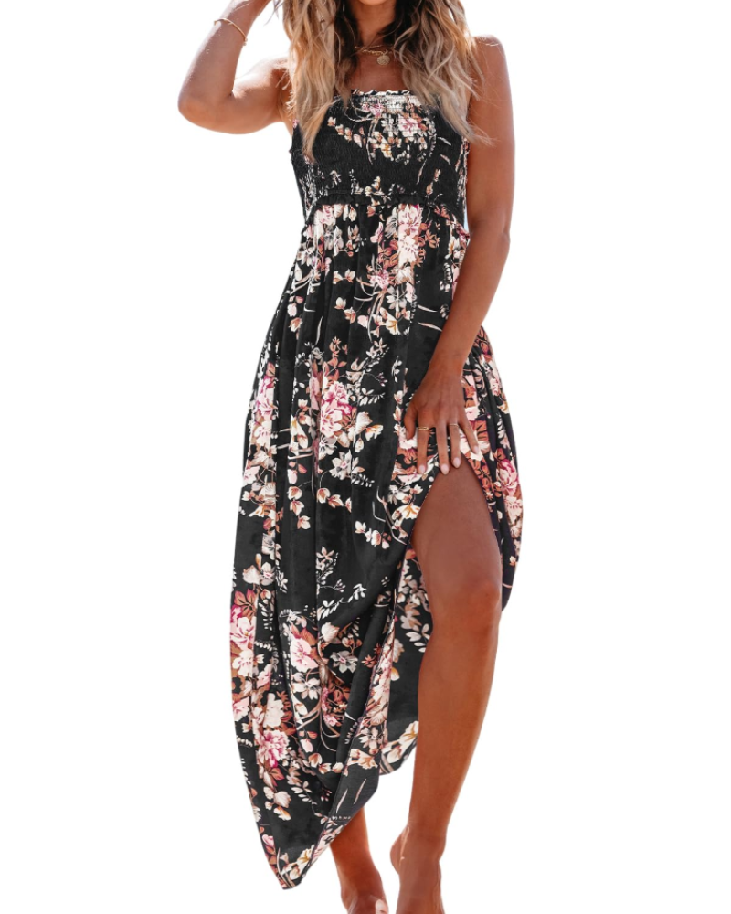 Isolde Abito Maxi Donna Floreale – Corpetto Smock, Spalline Regolabili e Volant