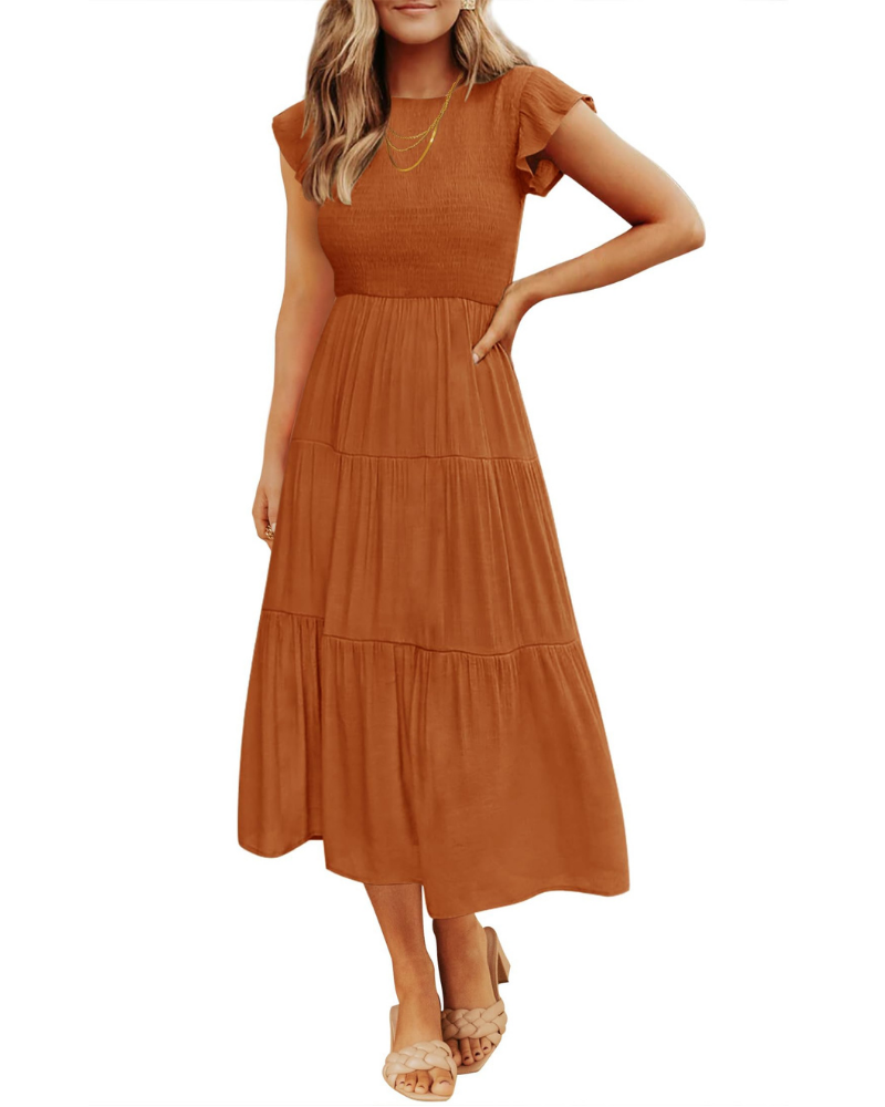 Grace Abito Mujer – Vestido Midi Cottagecore con Busto Fruncido, Mangas Volantes y Falda con Volantes
