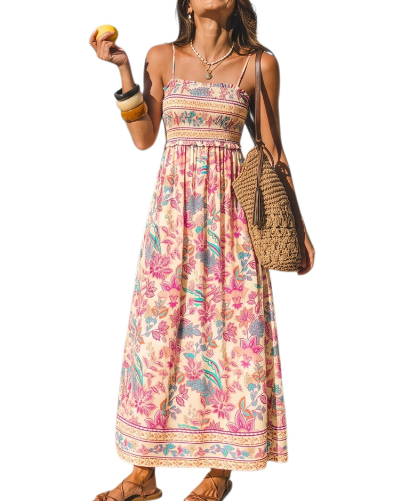 Isolde Abito Maxi Donna Floreale – Corpetto Smock, Spalline Regolabili e Volant