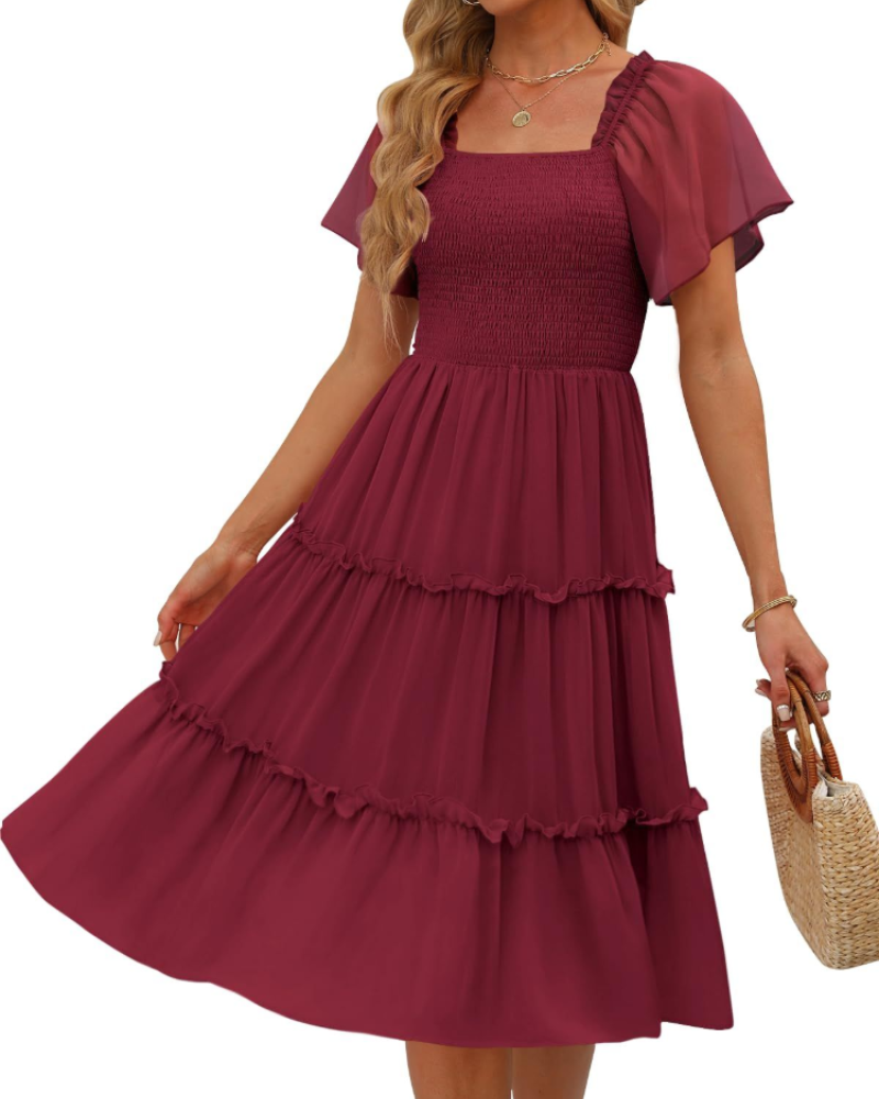 Madison Robe Femme Midi – Robe en Chiffon avec Col Carré et Volants