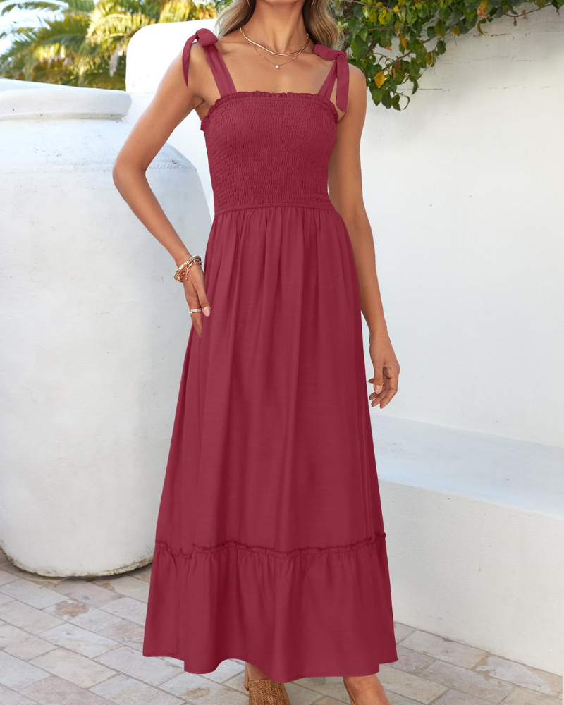 Γυναικείο Φόρεμα Amelia – Boho Φλοράλ με Δετές Τιράντες, Σφηκοφωλιά στο Στήθος και Φούστα με Βολάν