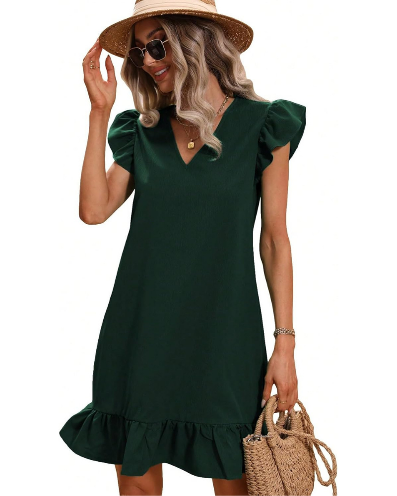 Chloe Sommerkleid für Damen – Kurzes Kleid mit V-Ausschnitt, Flügelärmeln und Volantsaum