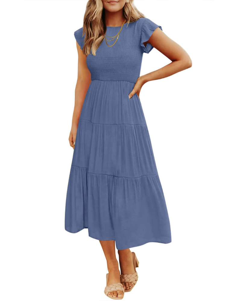 Grace Abito Mujer – Vestido Midi Cottagecore con Busto Fruncido, Mangas Volantes y Falda con Volantes