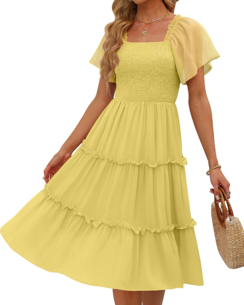 Madison Robe Femme Midi – Robe en Chiffon avec Col Carré et Volants