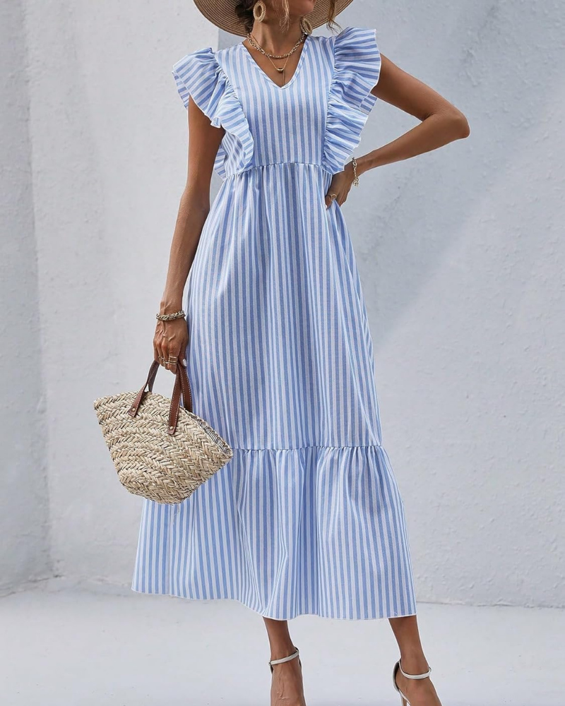 Robe longue femme Madeline Abito – Rayures bleues et blanches, volants, col en V et jupe à volants