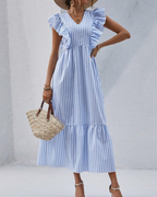 Robe longue femme Madeline Abito – Rayures bleues et blanches, volants, col en V et jupe à volants