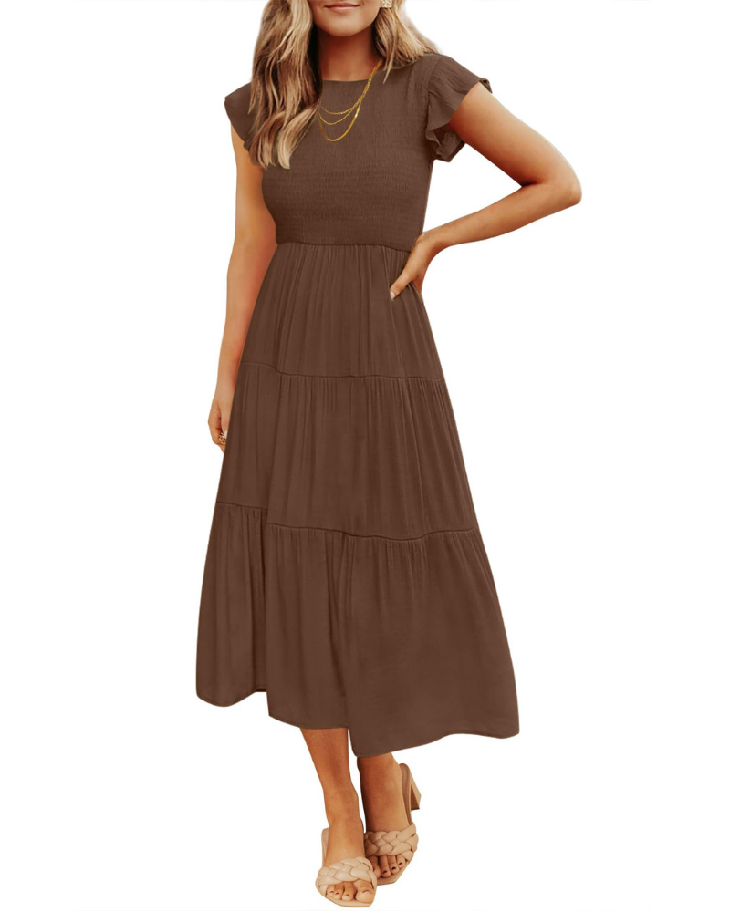 Grace Abito Mujer – Vestido Midi Cottagecore con Busto Fruncido, Mangas Volantes y Falda con Volantes