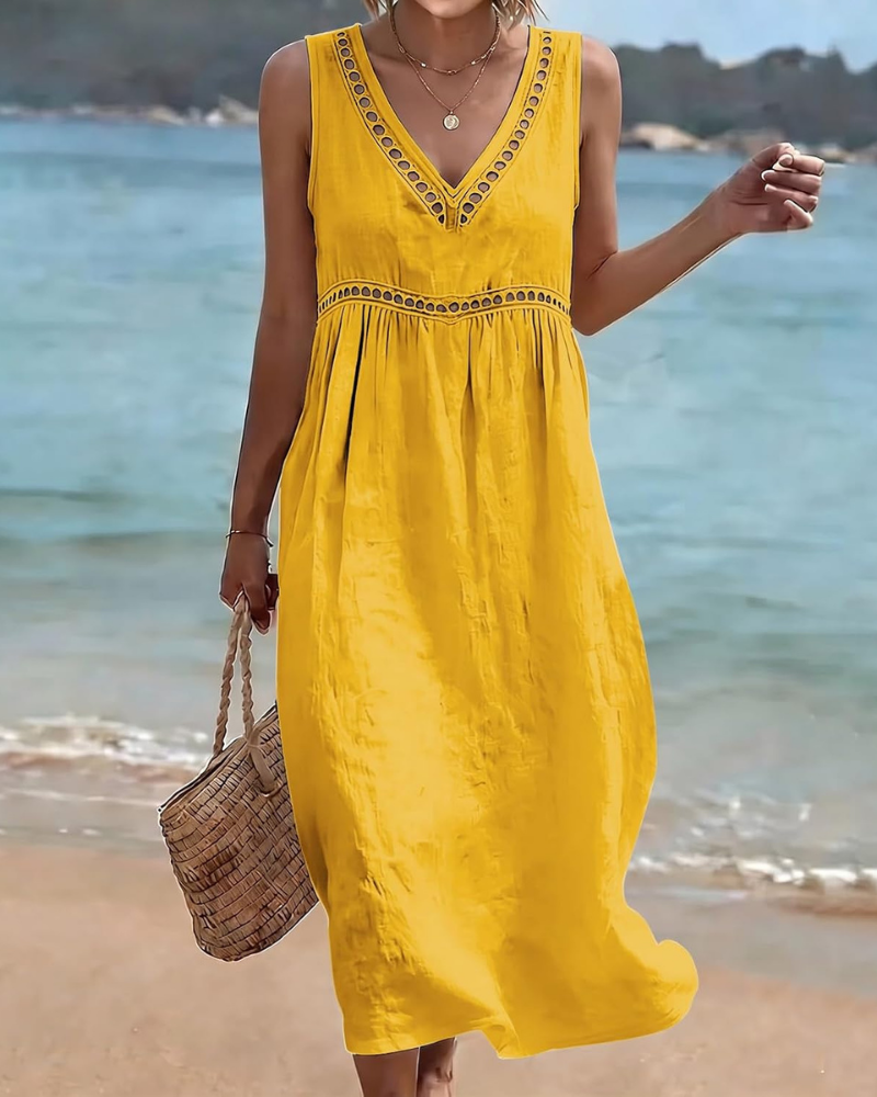 Hadley Dlouhé dámské šaty pro plnoštíhlé – bavlna a len, výstřih do V, výšivka a kapsy