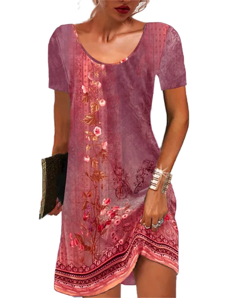 Mini-robe pour femme Priscilla, style bohème – imprimé floral, manches courtes et coupe fluide