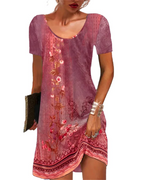 Mini-robe pour femme Priscilla, style bohème – imprimé floral, manches courtes et coupe fluide